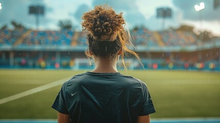 Woman wearing black t-shirt, stand on the field at soccer stadium. Generative AI.