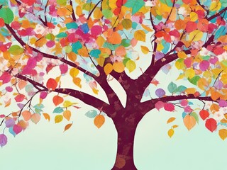 Illustration background of a colorful tree with leaves dangling from the branches. wallpaper with abstraction. multicolored leaves on a flowering tree