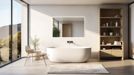 A bathroom with a large bathtub and a wooden shelf. The room is bright and airy, with a view of the mountains