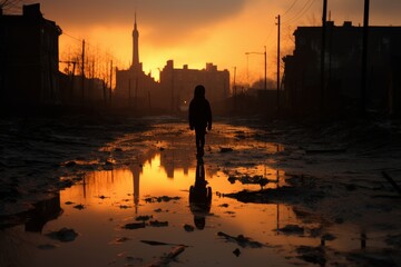 Post-apocalyptic urban stalker exploring abandoned cityscapes amidst chaos and destruction - obrazy, fototapety, plakaty