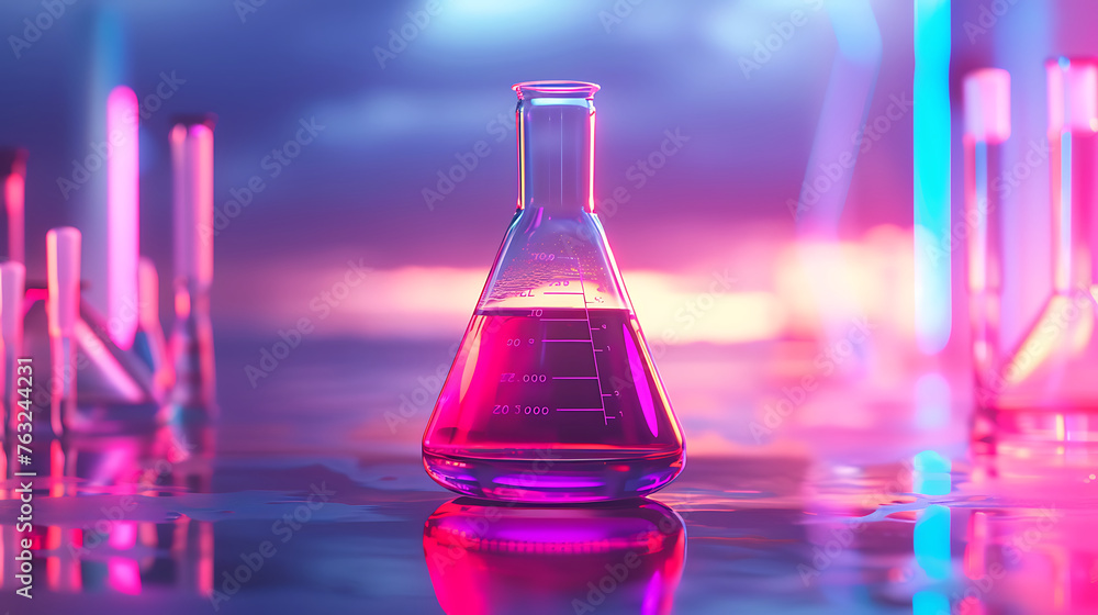 Poster laboratory flask with neon-colorful liquid in beautifull background. generative ai