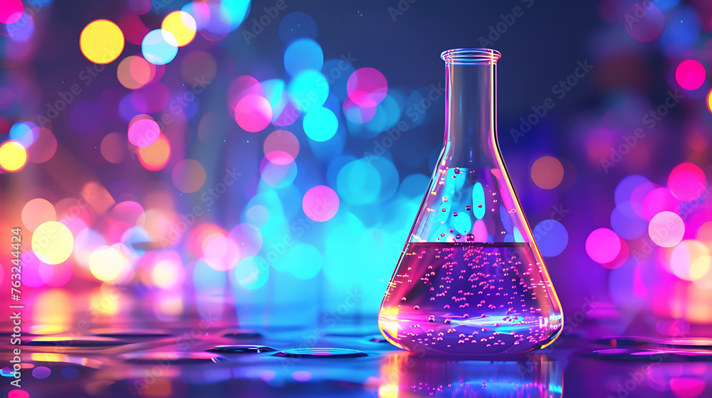 Aufkleber laboratory flask with neon-colorful liquid in beautifull background. generative ai