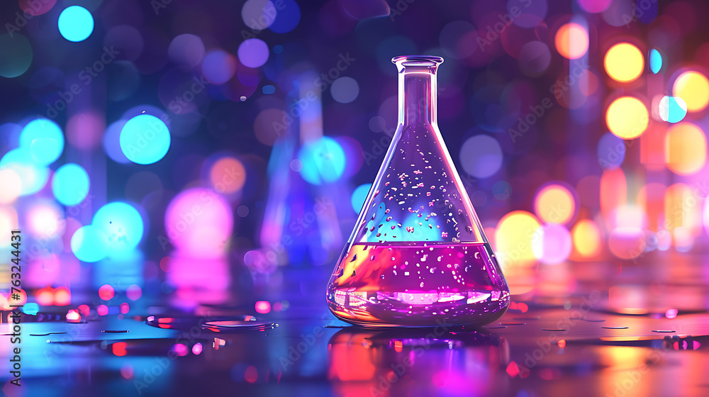 Poster laboratory flask with neon-colorful liquid in beautifull background. generative ai