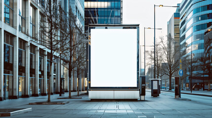 Mock up of blank advertising billboard or light box showcase poster template on city street, copy space for text or media content, advertisement commercial, branding and marketing concept.