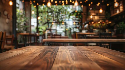Wooden Table in Restaurant With Hanging Lights - obrazy, fototapety, plakaty