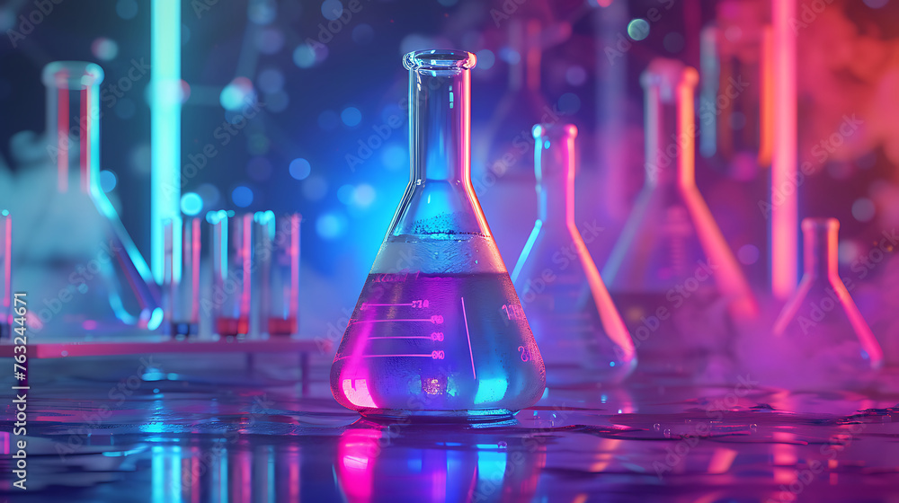 Aufkleber laboratory flask with neon-colorful liquid in beautifull background. generative ai