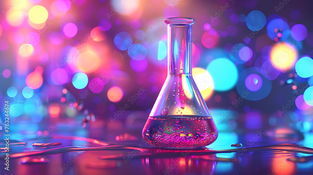 Poster laboratory flask with neon-colorful liquid in beautifull background. generative ai