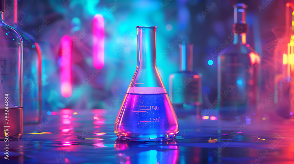 Poster laboratory flask with neon-colorful liquid in beautifull background. generative ai