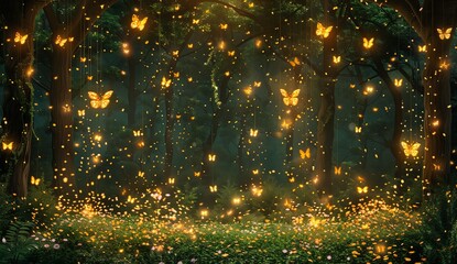 Forest with glowing fireflies and yellow butterflies flying in the air. Fairy tale background.