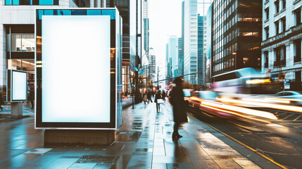 Mock up of blank advertising billboard or light box showcase poster template on city street, copy space for text or media content, advertisement commercial, branding and marketing concept. - 763244846