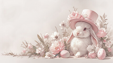 Easter bunny with Easter eggs in pink mist. Free space for text.