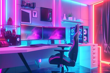 Futuristic modern home office for e-sport with modern furniture, smart technology gadget device , and neon lighting 