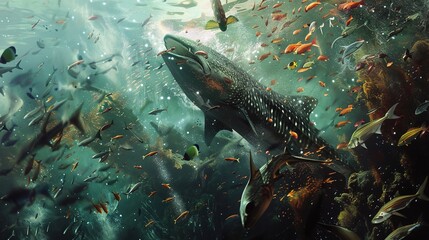 a formidable shark lunging from the depths to seize a school of smaller fish, illustrating the power and efficiency of apex predators in marine ecosystems - obrazy, fototapety, plakaty