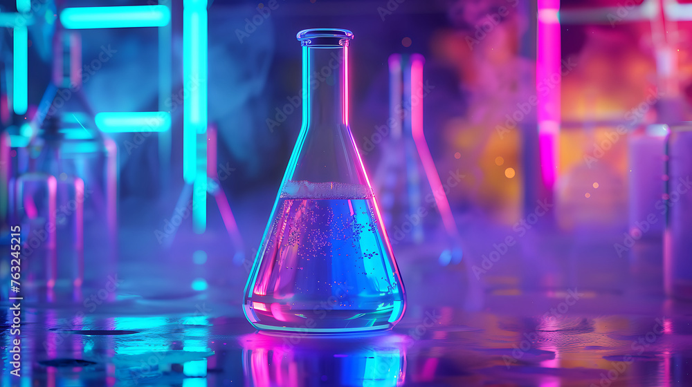 Poster laboratory flask with neon-colorful liquid in beautifull background. generative ai
