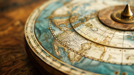 Closeup of an antique world map on a vintage sundial - obrazy, fototapety, plakaty