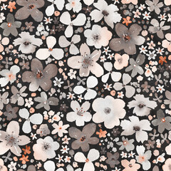 Abstract flowers pattern. Watercolor background whith flowers, spots and watercolor splatter. Dark background.