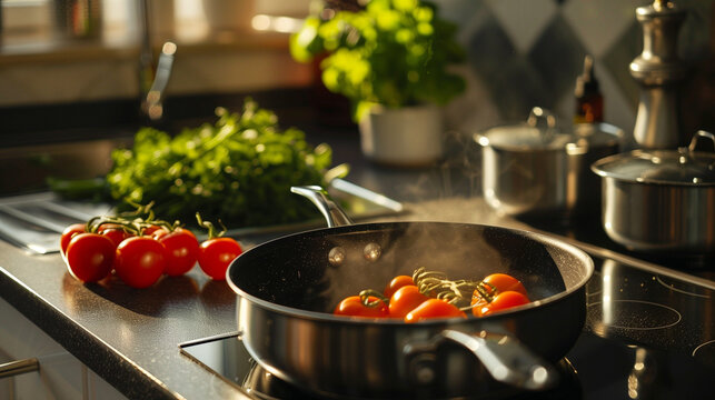 Cooking tomatos on a pan in the kitchen
