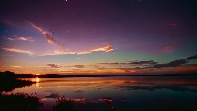 Video animation of sunset with the sky painted in vibrant hues of purple and orange. A tranquil body of water reflects the colorful sky above.