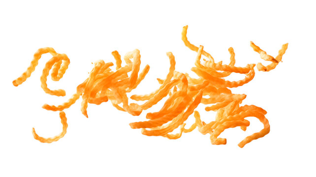 Flying delicious curly fries isolated on transparent or white background. 

