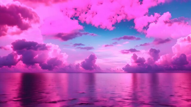 Video animation of breathtaking sunset scene over calm waters. The sky is adorned with fluffy clouds, painted in hues of pink and purple by the setting sun.