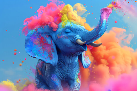 A blue elephant is surrounded by colorful smoke and is smiling. a big blue elephant looking to the side with his nose raise up shooting paint towards the sky out of his nose bright colors in a blue