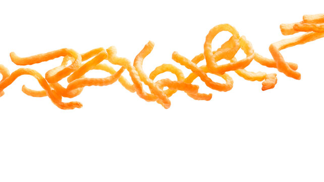 Flying delicious curly fries isolated on transparent or white background. 
