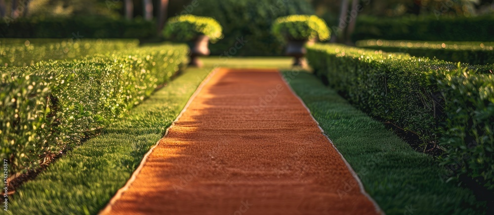 Wall mural A red carpet is laid out on the grass leading to a hedge in a garden, creating a luxurious and beautiful landscape