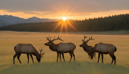 A Group Of Elk Grazing In A Meadow The Sun Settin Upscaled 3