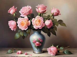 Pink Roses in Vase Oil Painting, Still Life Flowers