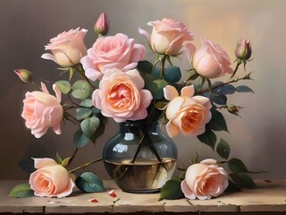 Pink Roses in Vase Oil Painting, Still Life Flowers