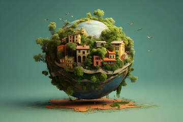 A spherical world teeming with greenery and architecture, depicting an eco-friendly, self-contained habitat. - 763246072