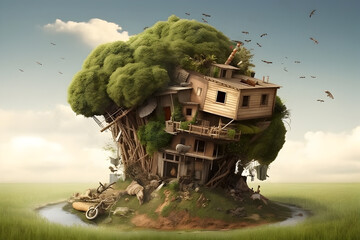 A whimsical treehouse in a serene landscape, illustrating an enchanting interplay between architecture and nature, symbolizing harmony and coexistence - 763246077