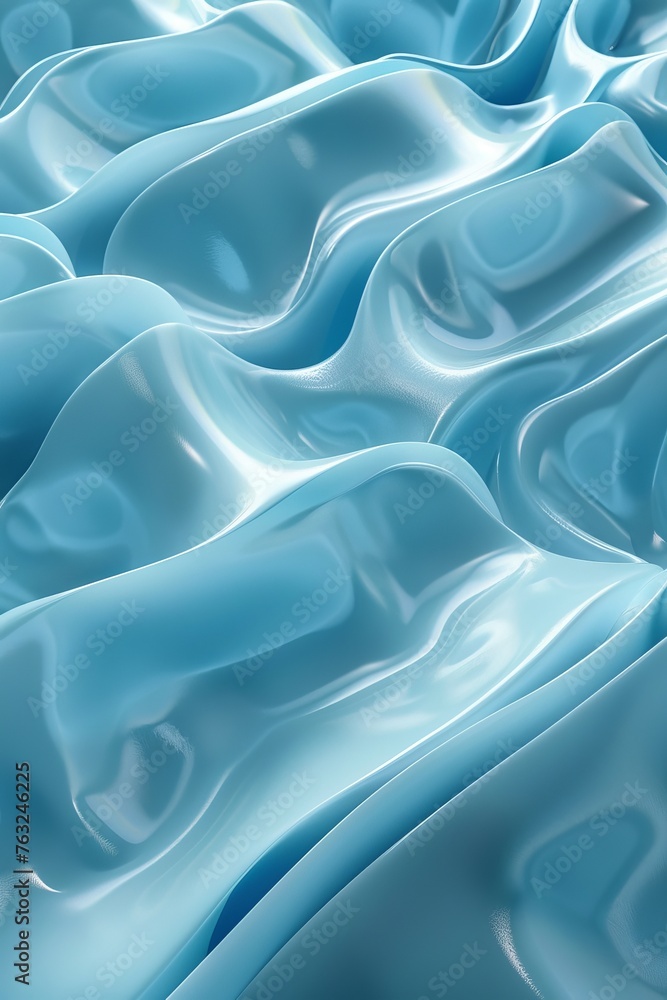 Poster a picture of a cyan rippled surface, ice material in wavy and swirl style, 3d rendered soft white pa