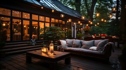 A serene evening setting in a beautifully lit backyard patio. The warm glow of hanging lights and candles creates an inviting ambiance. - 763246212