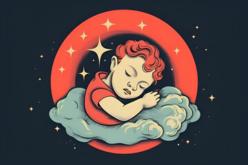 A peaceful illustration of a sleeping child surrounded by clouds against a starry backdrop, encased in a red circular frame. Concept: innocence, tranquility, and the boundless realm of dreams - 763246222