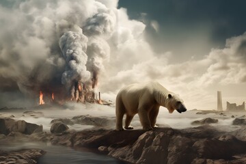 A polar bear amidst a desolate landscape, with industrial fires burning in the background. Concept: the impact of industrialization on natural habitats - 763246235