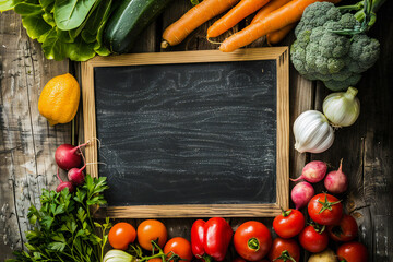 Farmers market counter, vegetarian, vegan food, blank chalk board on table, sale menu
