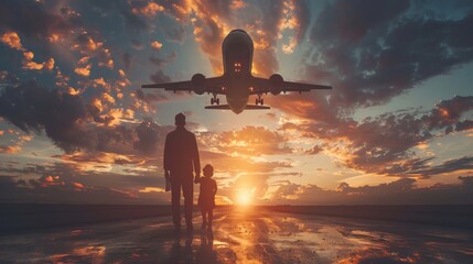  father show airplane his son  - obrazy, fototapety, plakaty