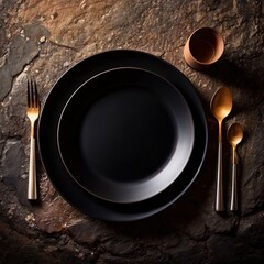 Premium luxury black stoneware, elegant place setting for fancy meal - obrazy, fototapety, plakaty