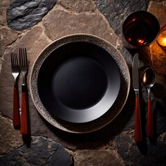 Fototapeta na wymiar Premium luxury black stoneware, elegant place setting for fancy meal