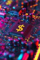 Fototapeta na wymiar Making money from chip, dollar sign on motherboard