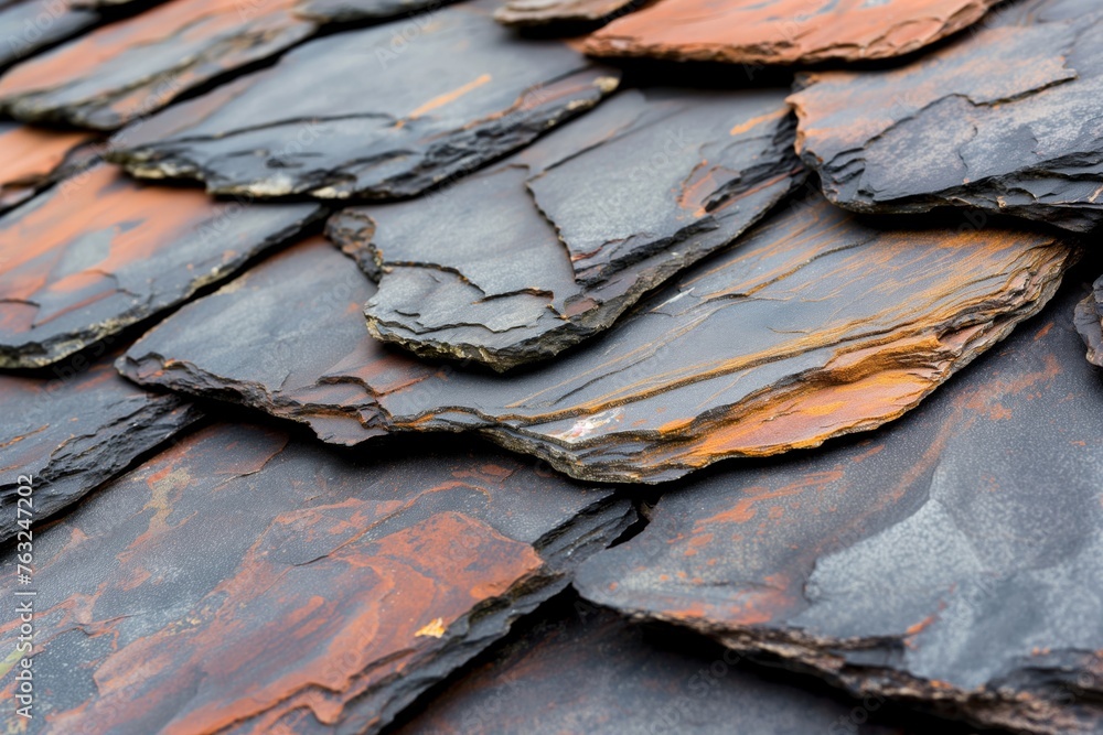 Poster detailed view of weathered slate tiles with unique orange and black patterns
