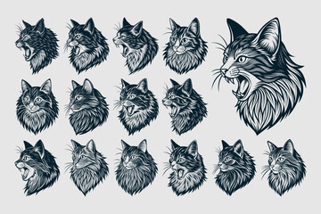 Cute meowing norwegian forest cat head in side view design vector set - obrazy, fototapety, plakaty