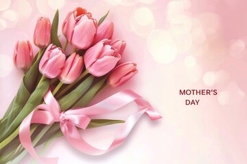 Mother's Day Concept - Pink Tulip Bouquet With Ribbon