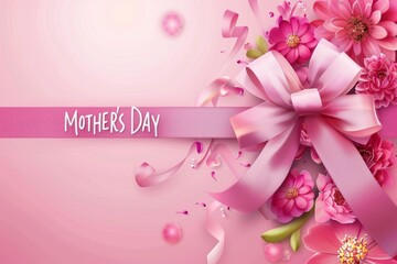 Mother's Day Concept - Pink Background With Flowers and Ribbon