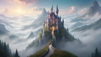 Visualize An Enchanted Castle Atop A Misty Mounta Upscaled 2 - obrazy, fototapety, plakaty