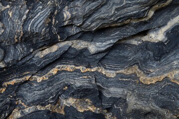 Close-up of layered black marble with natural gold patterns