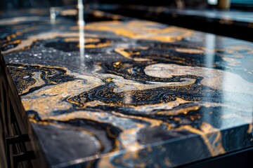 Close-up shot of a glossy epoxy resin art piece with swirling black and gold patterns