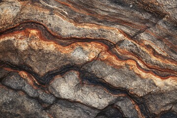 Close-up macro photography of intricate, colorful sedimentary rock strata texture, showcasing the layered geological formation and earthy tones in a natural outdoor environment - obrazy, fototapety, plakaty