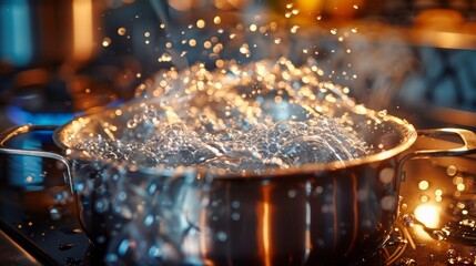 Vigorous bubbles in a shiny metal pot heating on a modern cooktop. Enthralling brilliance of boiling water amidst a warm glow